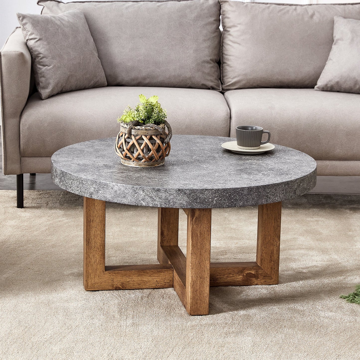 Modern Retro Gray Texture MDF Round Coffee Table with Crossed Legs,