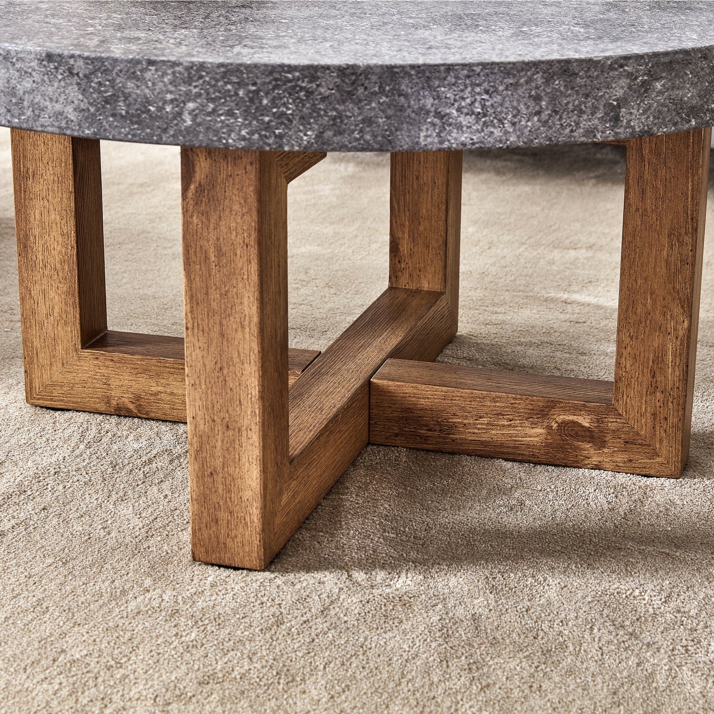 Modern Retro Gray Texture MDF Round Coffee Table with Crossed Legs,