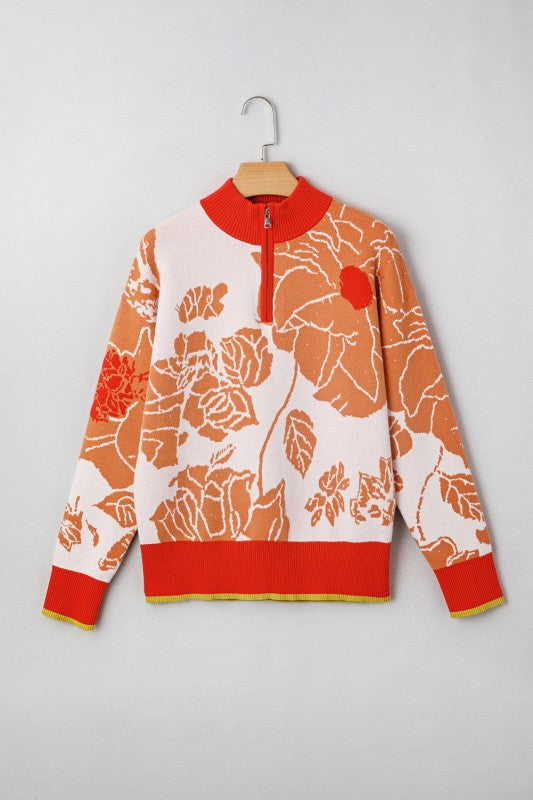 Floral Half Zip Collared Pullover Sweater